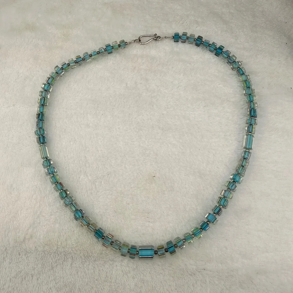 Vintage Handmade Necklace Blue Striped Glass Beaded Square Boho 18